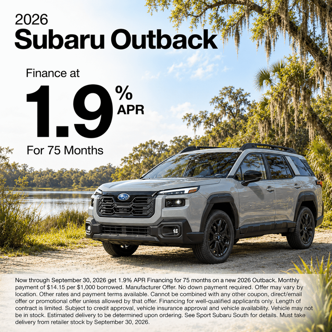 2026 Subaru Outback beside a Florida lake, advertised at 1.9% APR for 75 months.