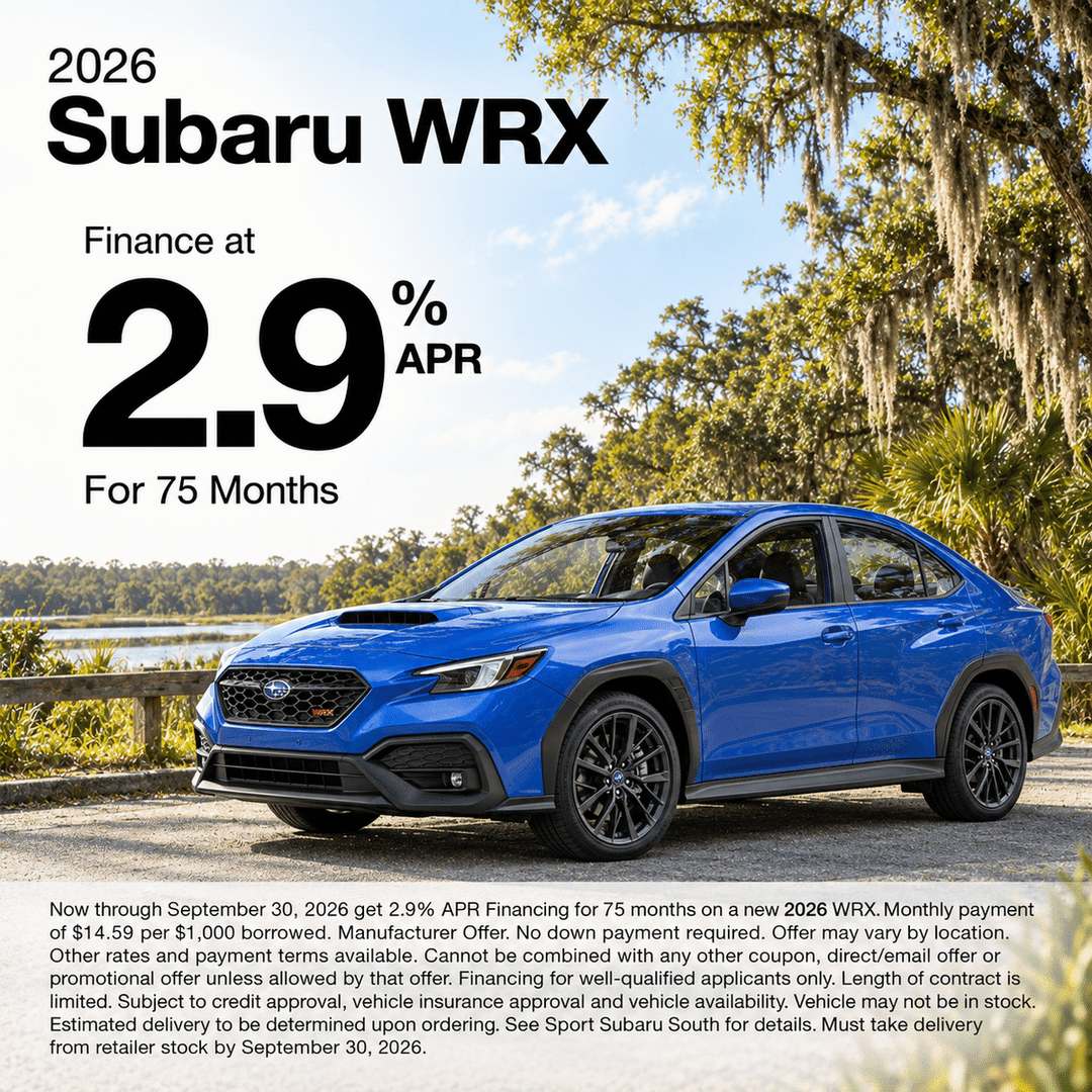 2026 Subaru WRX beside a Florida lake, advertised at 2.9% APR for 75 months.