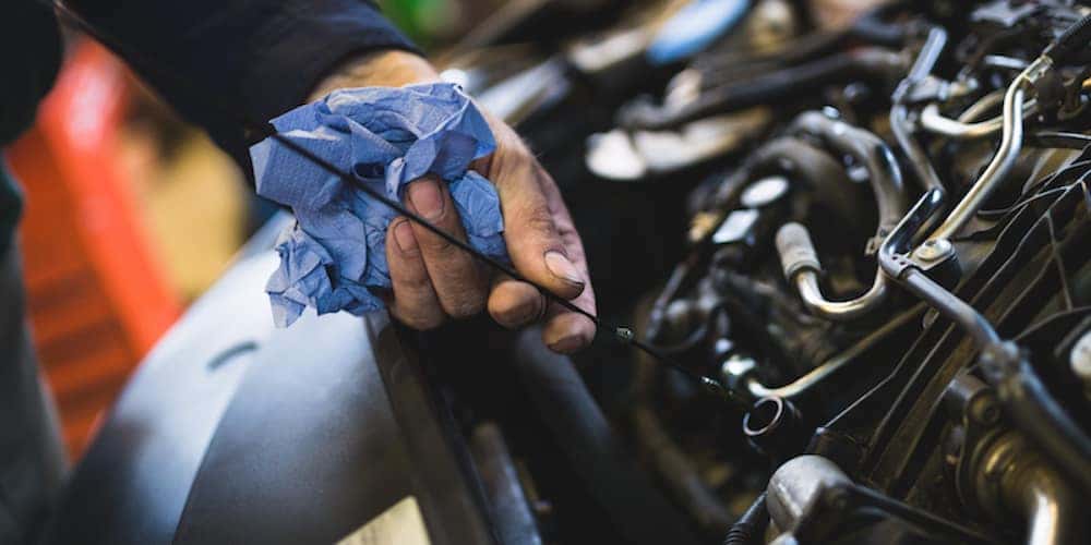 mechanic checking oil with dipstick