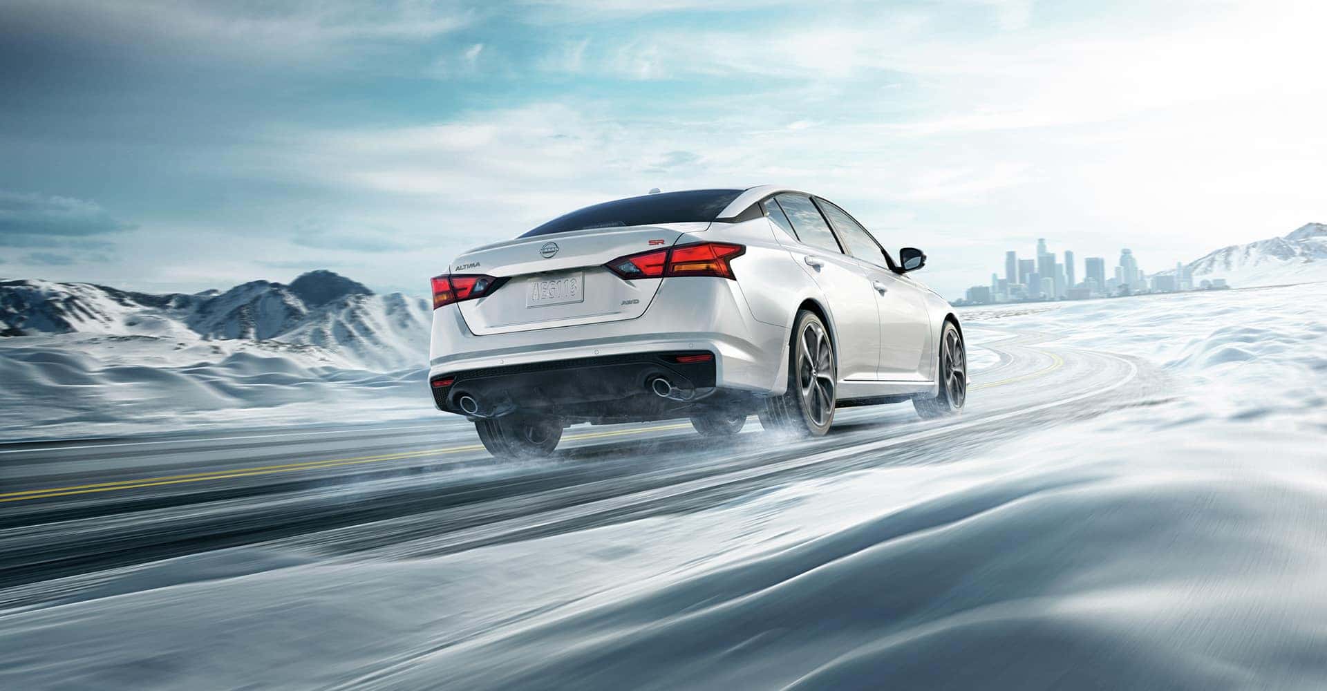 Back View of 2025 Nissan Altima in the Snow