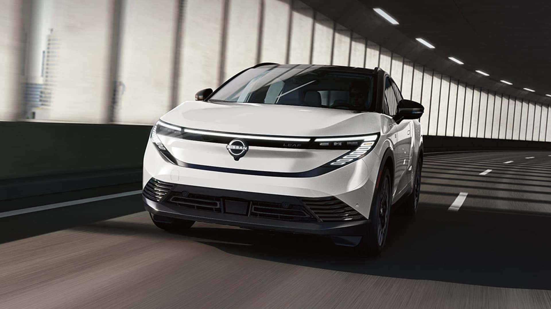 White 2026 Nissan LEAF in a tunnel