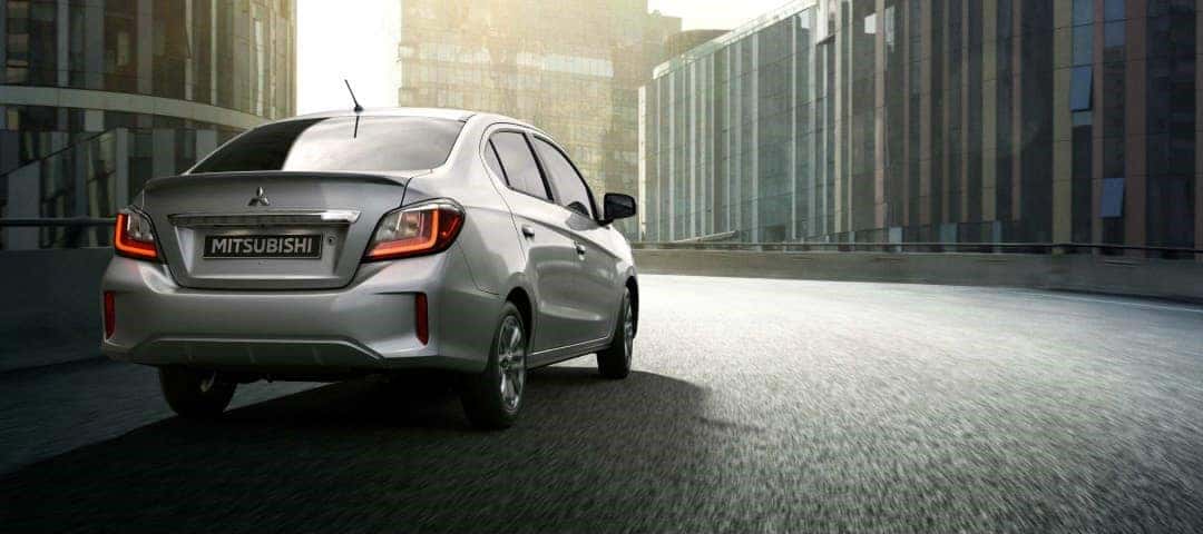 Rearview of a silver 2024 Mitsubishi Mirage G4