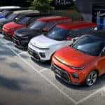 Colorful Kia Souls parked in a row